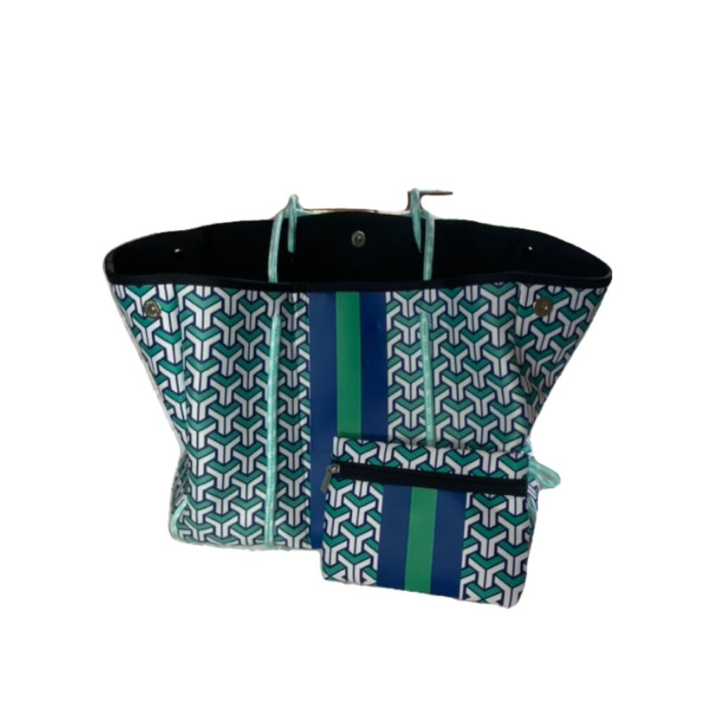 Green, White & Teal-Blue Parker & Hyde Neoprene Bag and Removable Wristlet Pouch